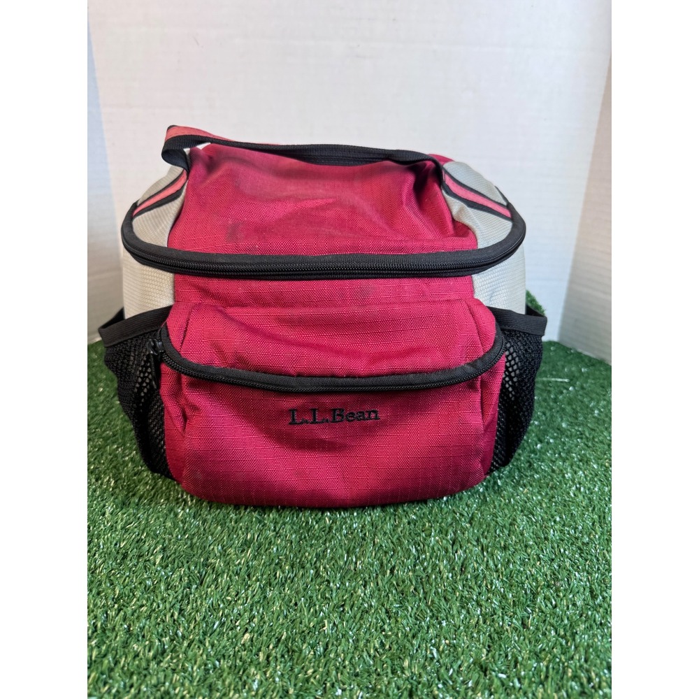 LL‎ Bean Insulated Lunch Box Red Gray Zippered Cooler Bag Mesh Pockets